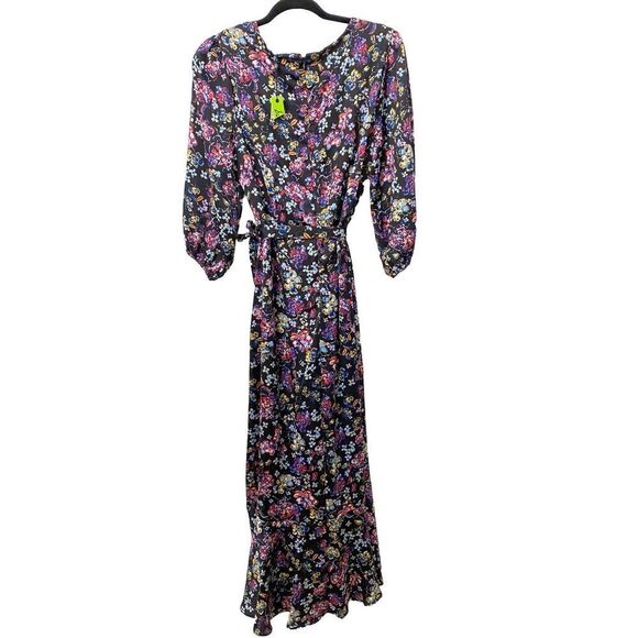 New SAM EDELMAN Black Mixed Floral Tiered Ruffle Wrap Maxi Dress Women's Sz 10 - Picture 3 of 12